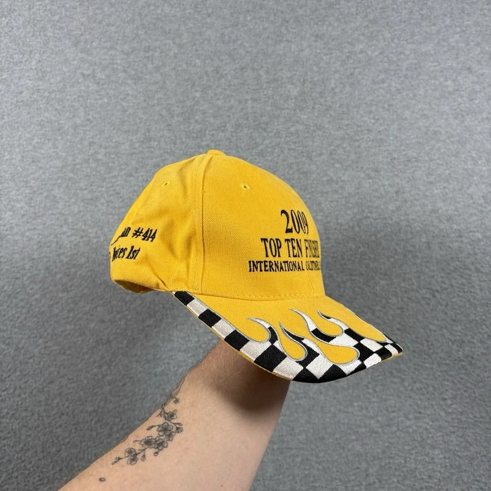 Vtg 2009 Dirt Bike Motocross Racing Hat Flame Brim Checkered Strapback Cap Y2K